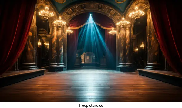 An empty theater stage with red curtains and a spotlight