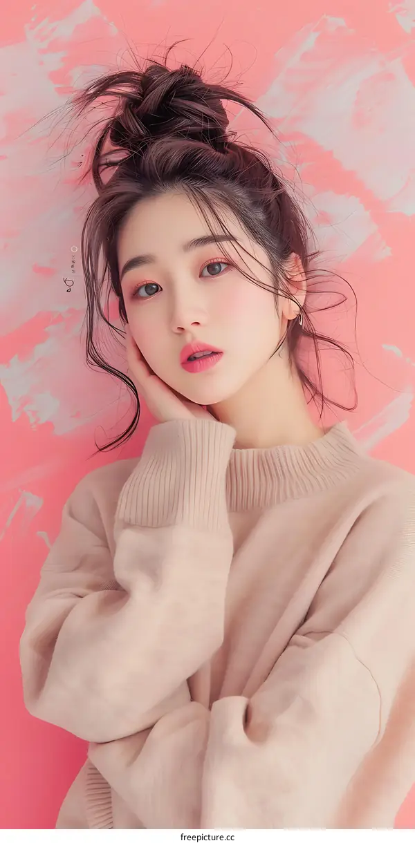 Charming Asian Woman in a Light Beige Sweater