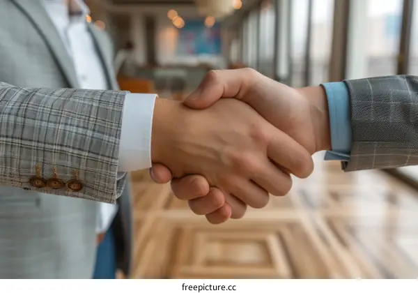 Businessmen in suits shaking hands in agreement