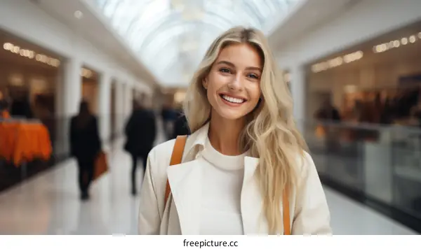 Portrait of a beautiful young blonde woman smiling in a shopping mall