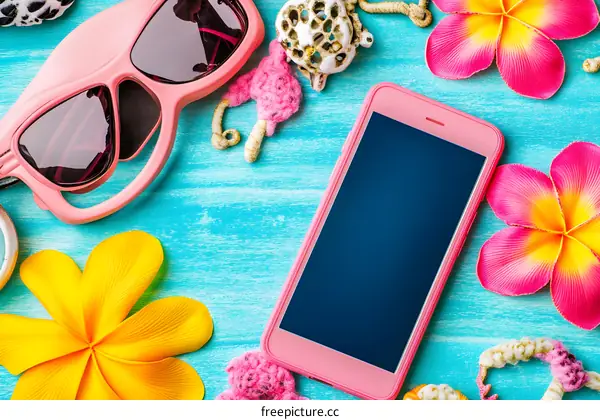 Summer Vacation Phone with Sunglasses and Flowers