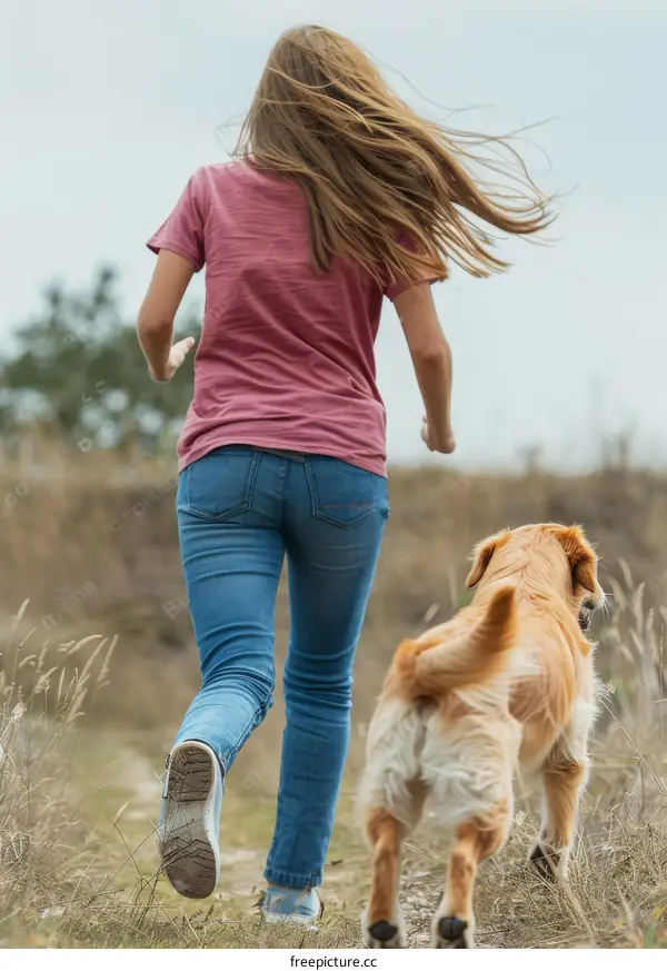 A young woman and a golden retriever dog are running in the field