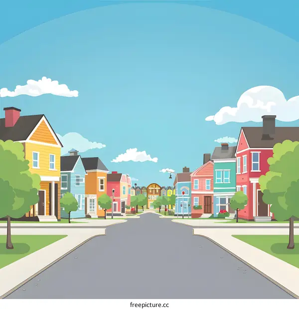 Colorful Suburban Street with Houses and Green Trees
