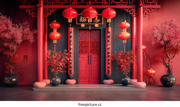 Traditional Chinese Red Gate Entrance with Festive Decorations