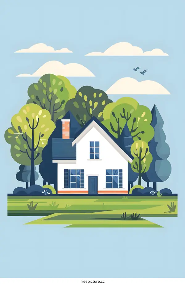 Flat Illustration of a White House with Green Trees and Blue Sky