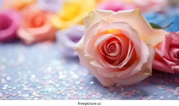 Pink rose with a blurred background of multicolored confetti and roses