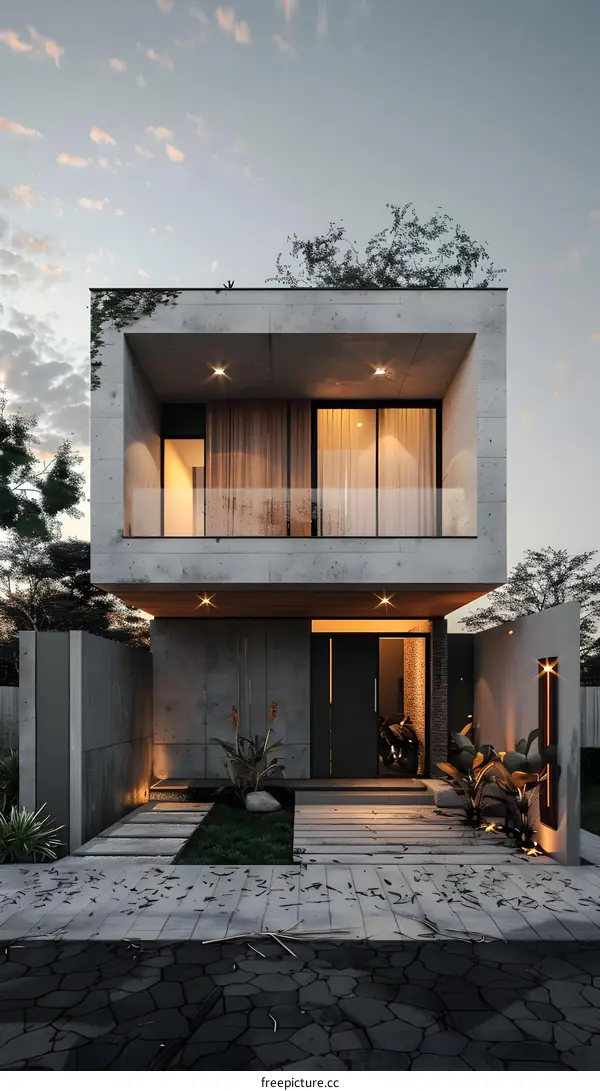 Modern Concrete House with Green Roof and Balcony