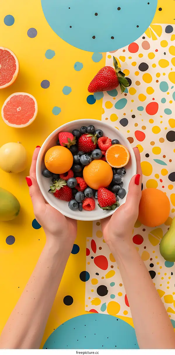 Fresh Fruit Salad in a Bowl Held by Hands with a Colorful Background