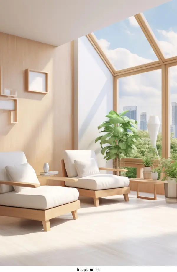 Airy minimalist living room with large windows and a high ceiling