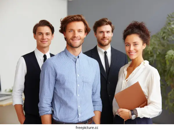 Group of young professionals standing in modern office setting
