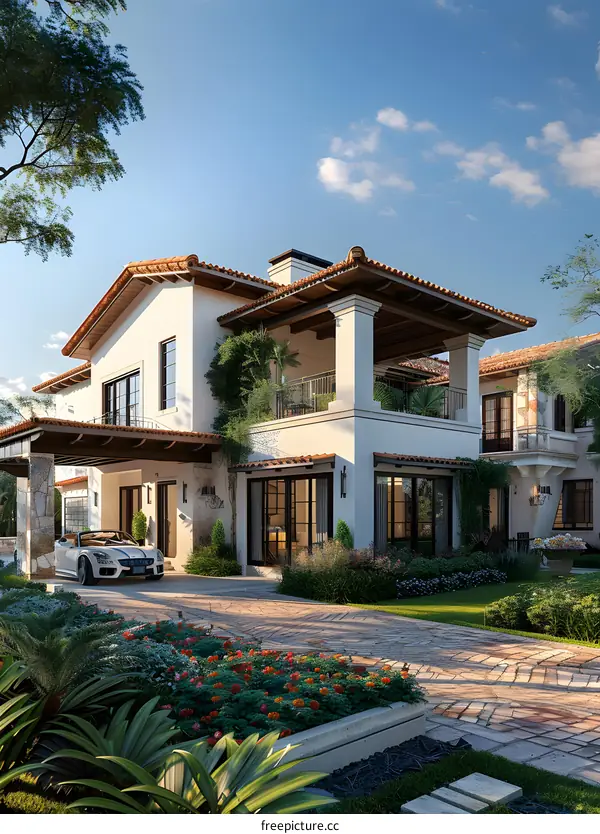 A beautiful house with a red roof and a white body