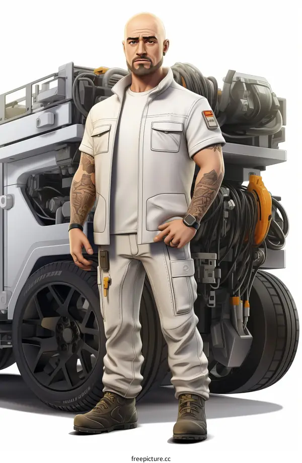 Bald Mechanic in White Uniform Working on a Car