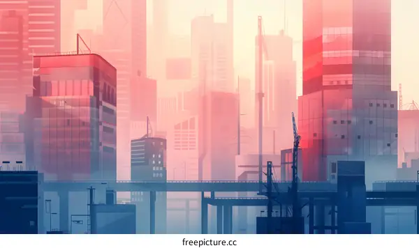 Modern City Skyline Illustration with Pink and Blue Colors
