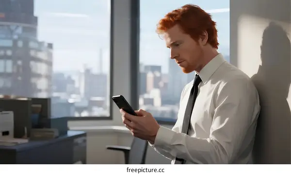 A man in formal wear using smartphone in office setting