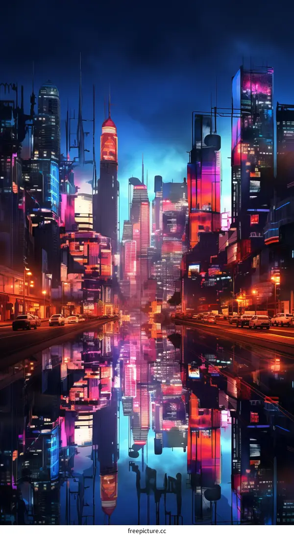 A digital painting of a cyberpunk city at night with skyscrapers and neon lights reflecting in a river