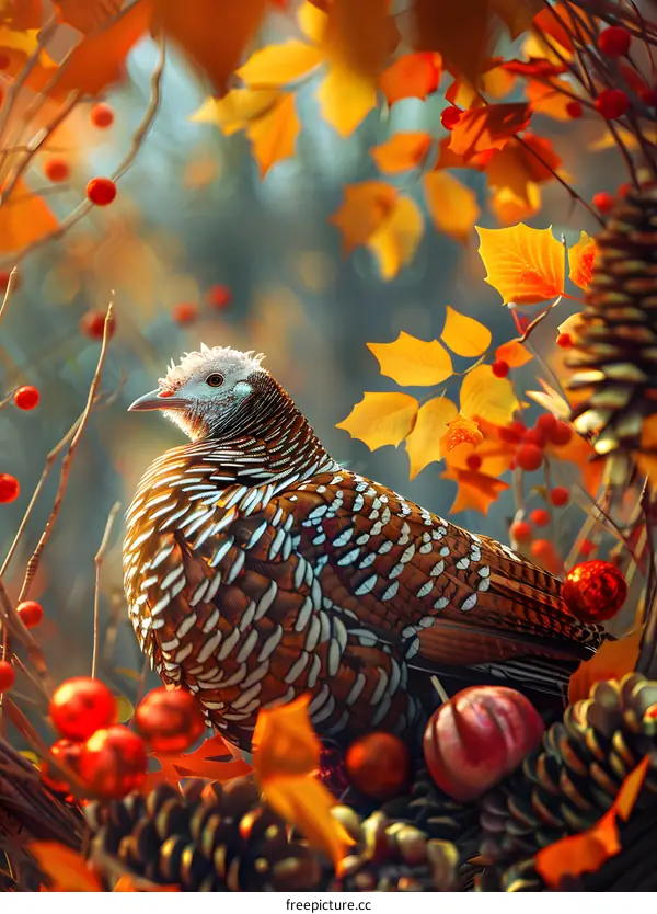A turkey standing in an autumn forest