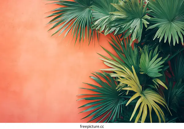 Palm Leaves on Coral Wall Background