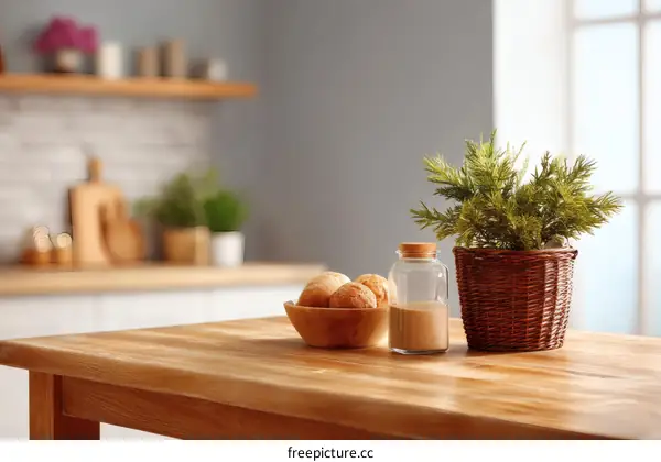 Wooden Kitchen Table with Food and Plants
