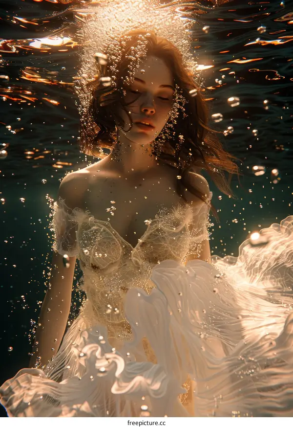 Dreamlike Underwater Portrait of Woman in White Dress