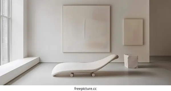 Minimalist White Interior with Curved Lounger and Abstract Paintings