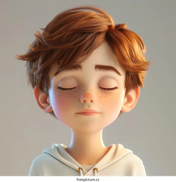 3D Portrait of Freckled Boy with Closed Eyes