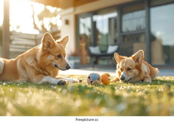 Two Corgis Playing Fetch in the Backyard