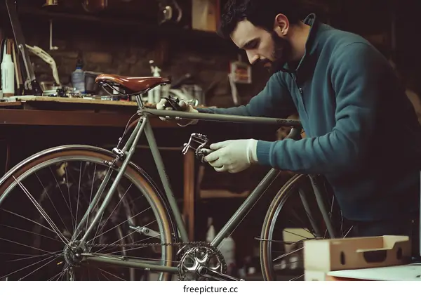 Man Working on a Vintage Bike in His Workshop