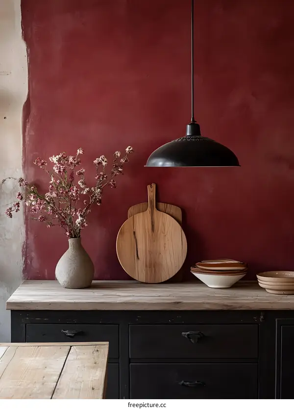 Red Wall Kitchen Interior Design with Hanging Lamp