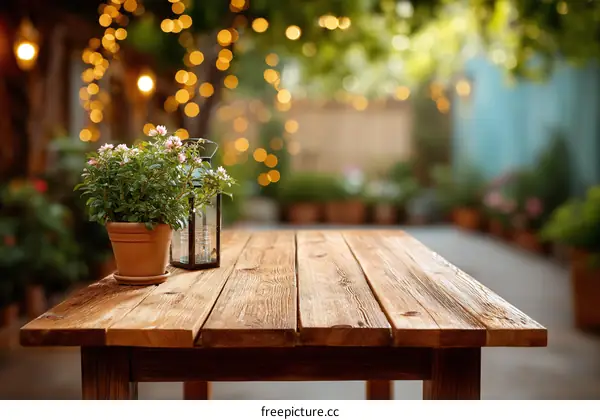 Outdoor Wooden Table with Plants and Lights