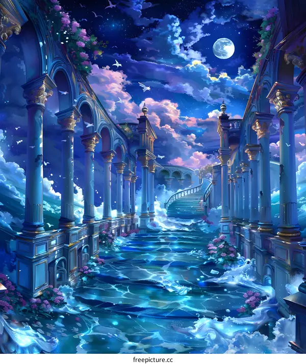 Fantasy Architecture with Ocean Waves and Moon