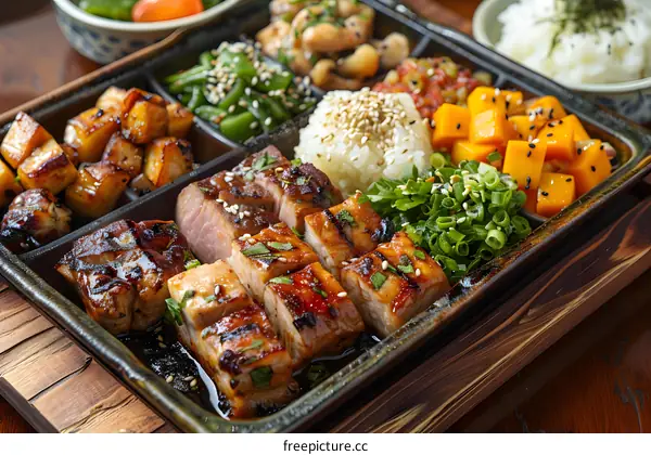 A delicious and healthy meal with pork, rice, and vegetables