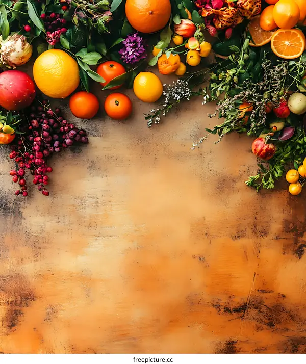 Orange, Grape, and Flower Arrangement on a Rustic Brown Background