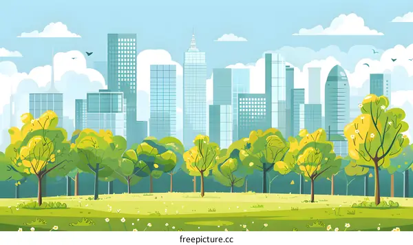 Green Trees and Cityscape Illustration