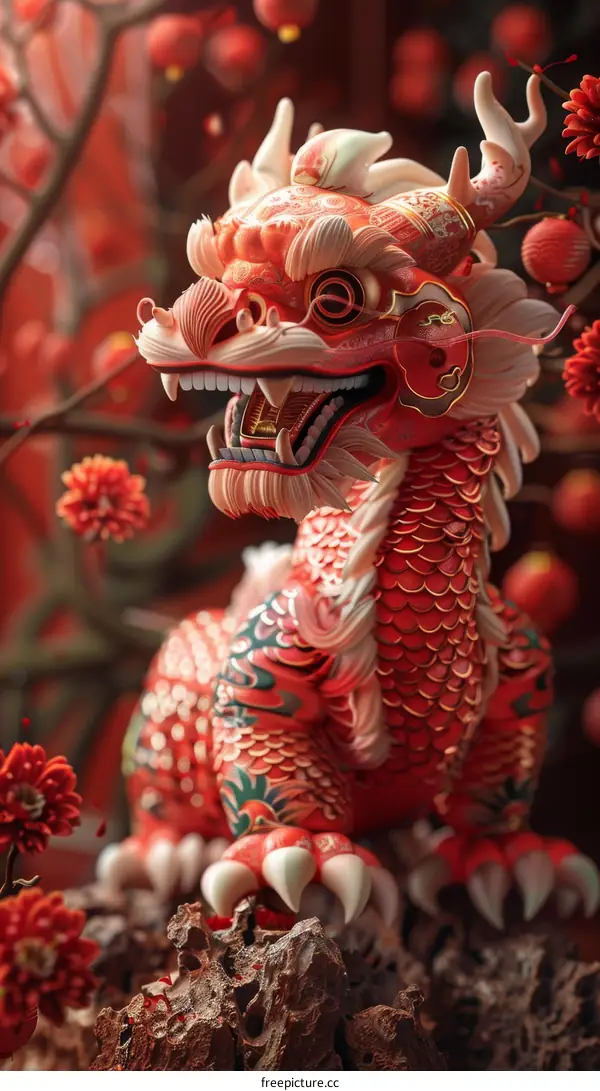 A red Chinese dragon with white and gold accents stands on a rock in front of a red background with red and pink flowers.
