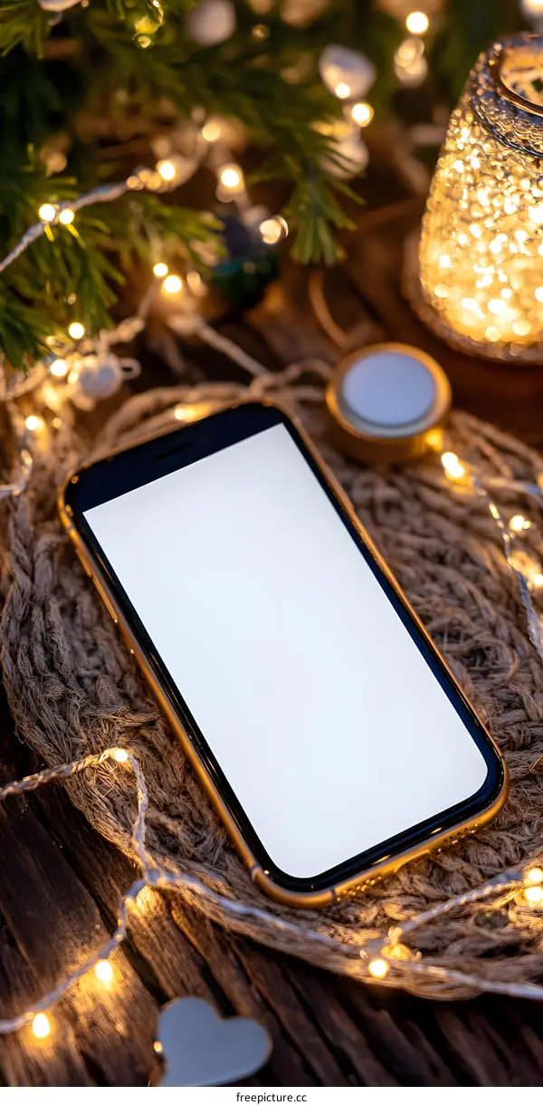 Smartphone On Wooden Table With Christmas Lights
