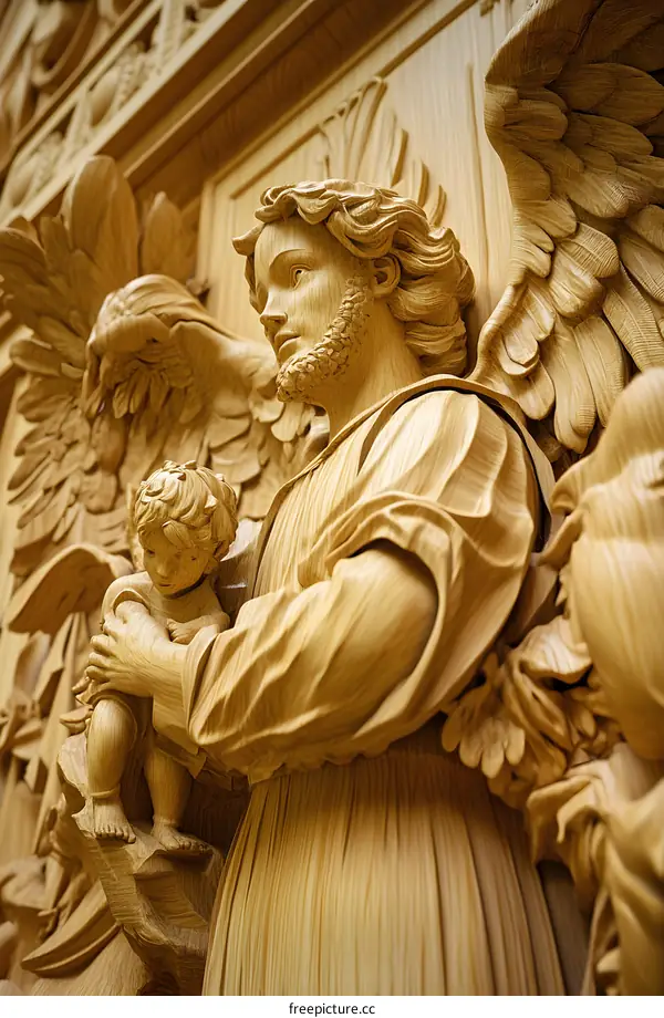 Detailed Wood Carving of Angel Holding Child
