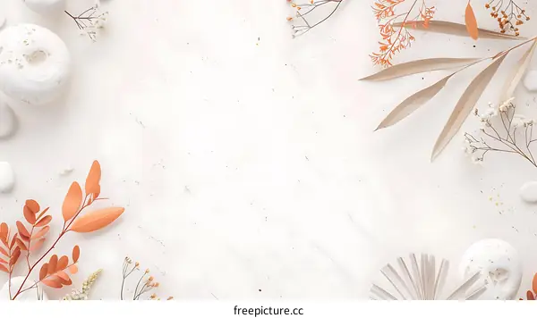 Minimalist Flat Lay with Dried Leaves and Stones on White Background