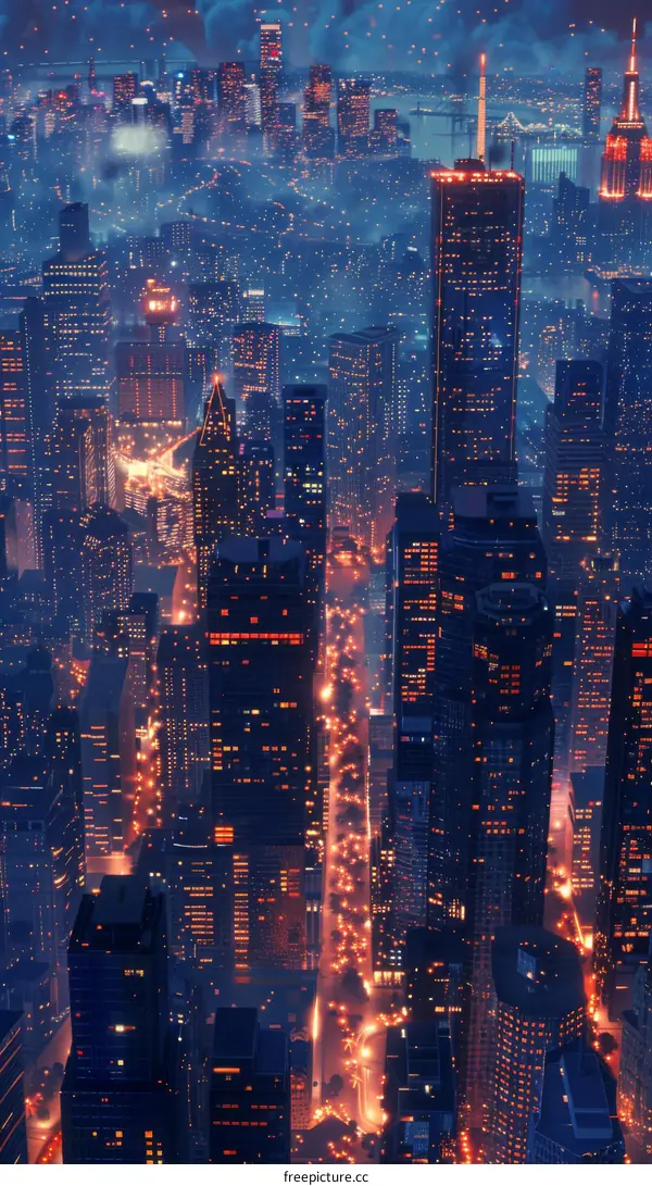 Night City Skyline Aerial View Illustration
