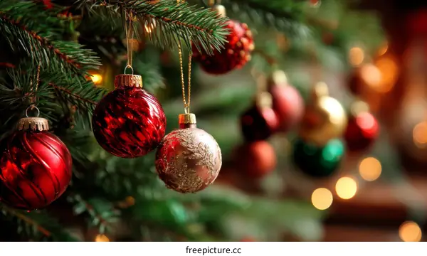 Christmas tree ornaments close-up