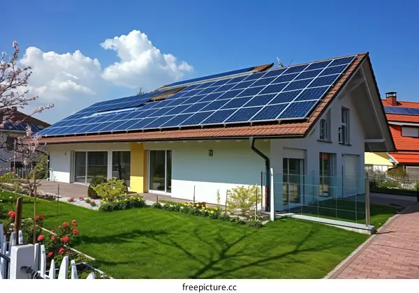 A modern house with solar panels on the roof