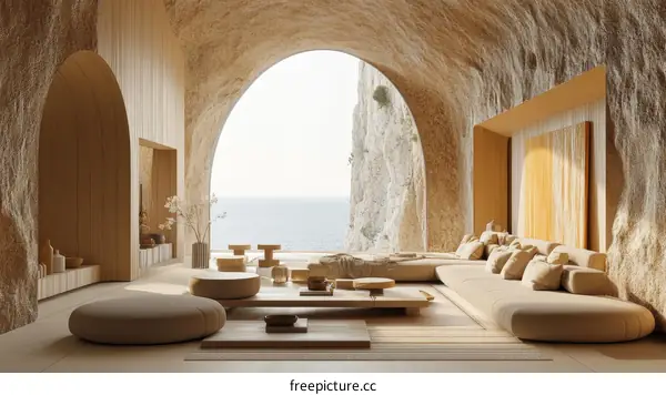 Modern Minimalist Cave-like Living Room by the Sea
