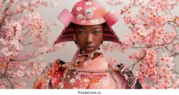 A fierce warrior clad in samurai armor stands in a field of pink cherry blossoms