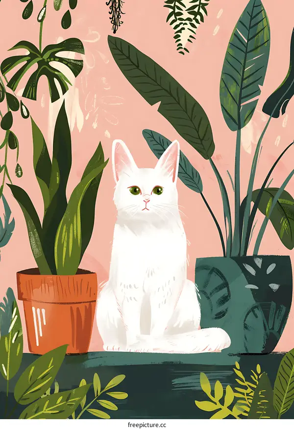 White Cat Sitting Amongst Houseplants