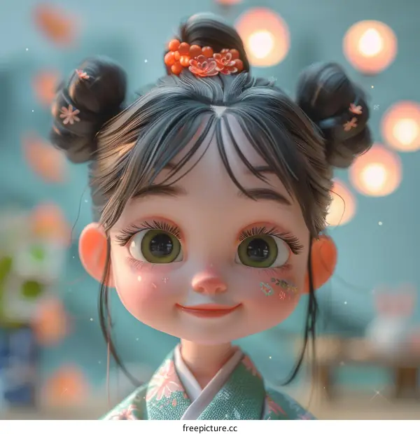 3D rendering of a cute anime girl with black hair and green eyes wearing a kimono