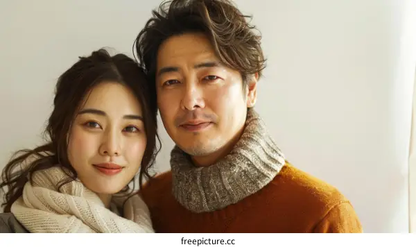 A young couple wearing winter clothes and looking at the camera