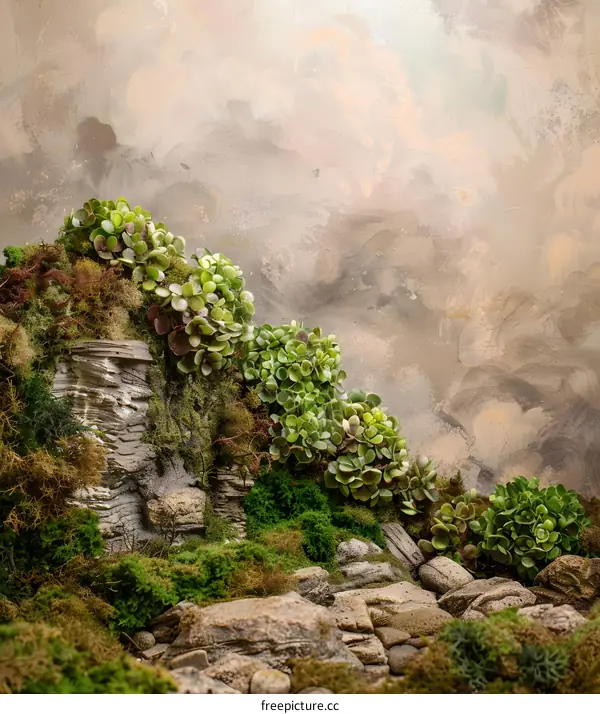 Green Mossy Stones and Plants Background