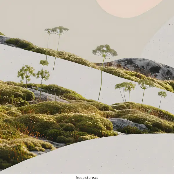 Abstract Minimalist Illustration of Green Grass and Mountains