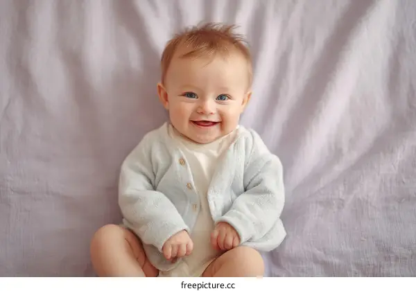 Adorable Baby Girl Smiles on a Light Purple Sheet