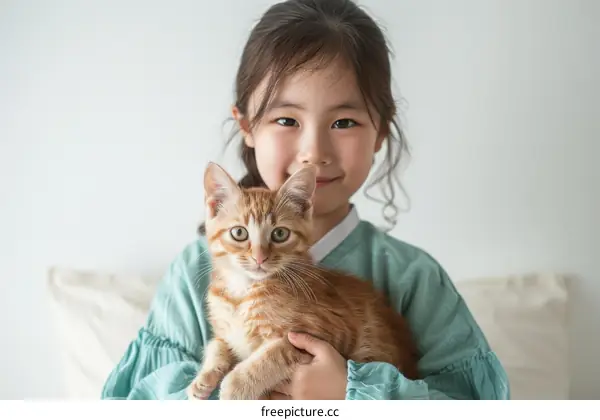 Little Asian girl holding an orange kitten