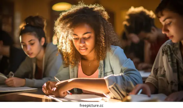 Focused young female student studying in library with classmates
